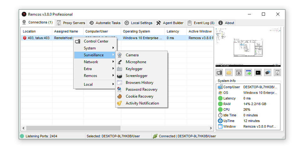 Remcos v3.8.0 Cracked 2 Surveillance and Keylogging